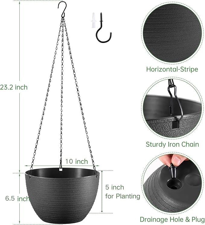 Set of 2 10 Inch Self Watering Hanging Planters for Indoor Outdoor Plants, Light Textured Hanging Baskets Flower Pots with Drainage Hole & Plug and 20" Chain Hanger