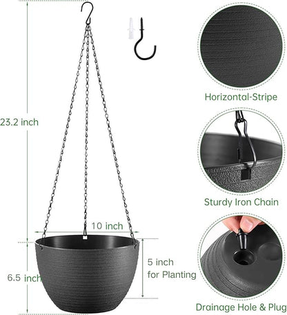 Set of 2 10 Inch Self Watering Hanging Planters for Indoor Outdoor Plants, Light Textured Hanging Baskets Flower Pots with Drainage Hole & Plug and 20" Chain Hanger
