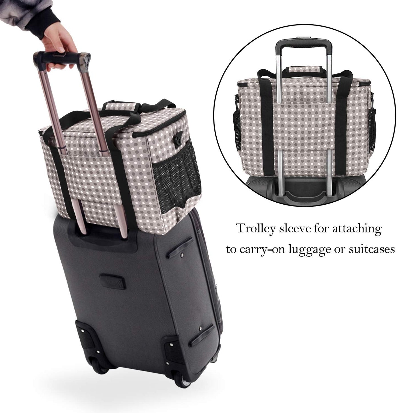 Teamoy Sewing Machine Case, Carrying Tote Bag Storage Organizer Compatible with Brother, Singer Sewing Machines and Accessories, Gray Dots