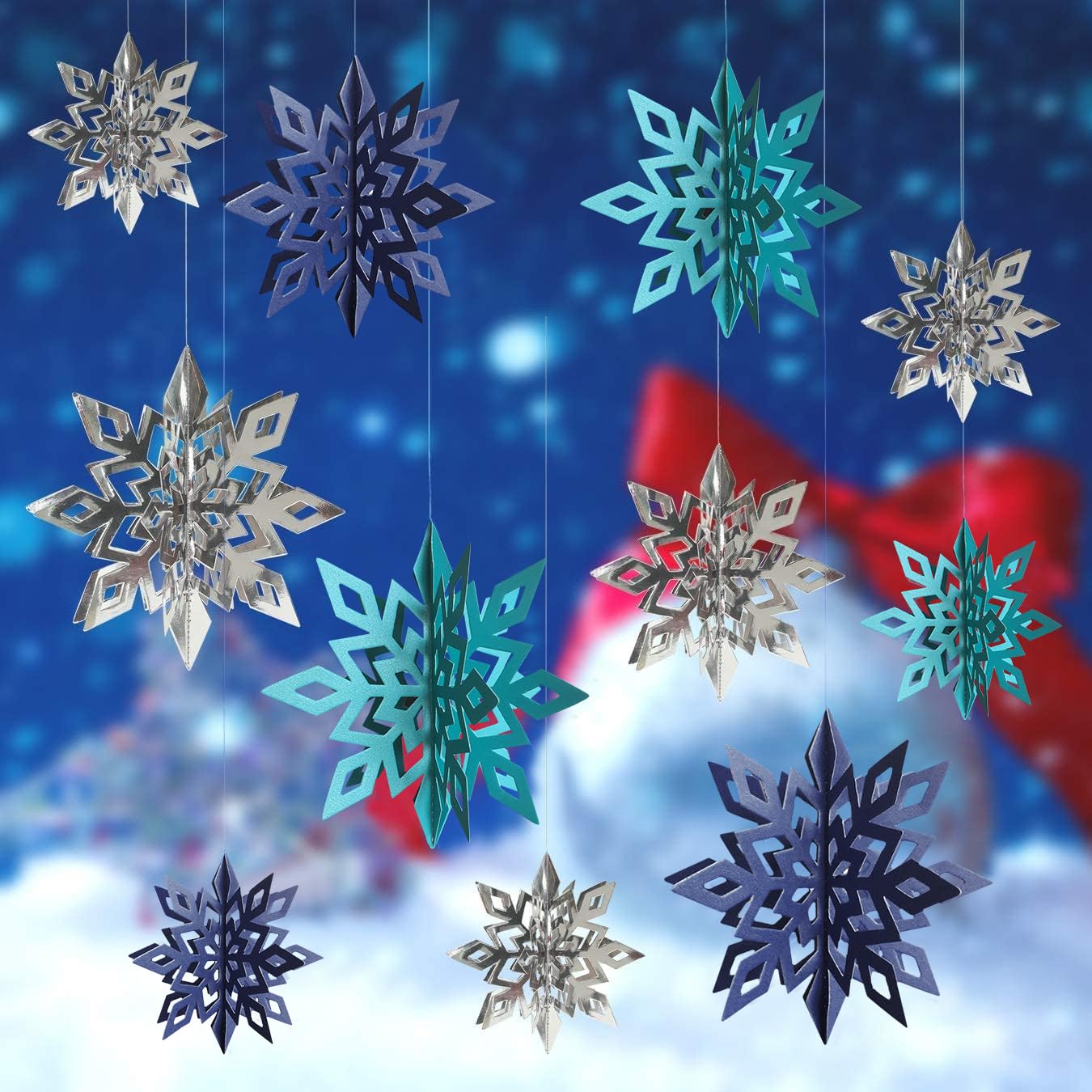 Winter Snowflake Hanging Decorations - 3D Large Blue Snowflakes Paper Hanging Garland for Christmas Winter Wonderland Holiday New Year Party Home Decoration 12PCS (Blue&Light Blue)