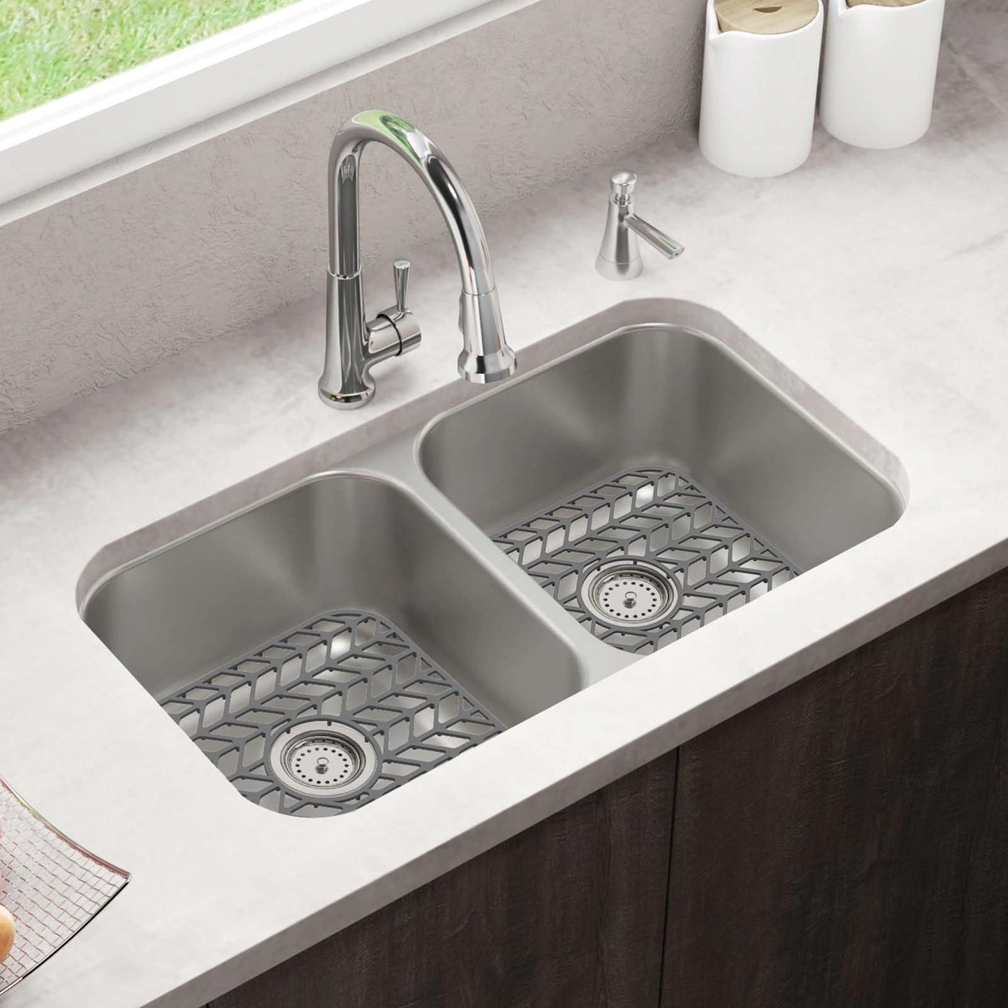 AWOKE Silicone Sink Protectors for Kitchen Sink, 12" x 11" Mat for bottom of sink, Center Drain Hole, Protect from Stains, Scratches, Dishwasher Safe Grid for Kitchen (2 Pack, Gray)