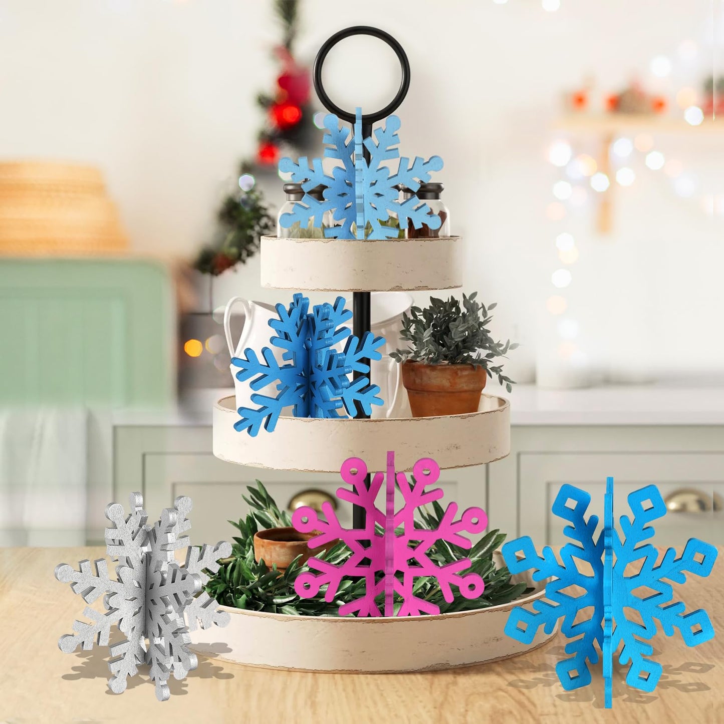 OuMuaMua 12 Sets Snowflake Christmas Table Decorations - 24pcs Blue Fuchsia Purple Sliver Wooden 3D Snowflake Decor Tabletop Centerpieces for Christmas Party Supplies Home Decor