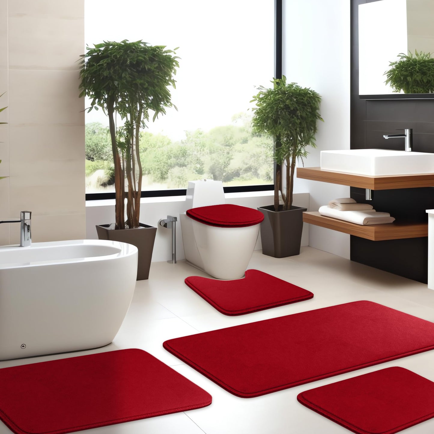 Elvoki 5-Piece Memory Foam Bath Mat Set - Non Slip Cushioned Ultra Absorbent Bathroom Floor Rugs - Machine Washable Quick Dry Soft Shower Mat - Burgundy