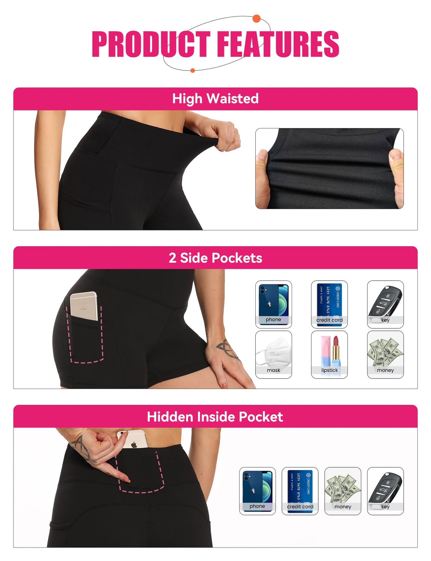 Showitty 3 Pack High Waisted Biker Shorts for Women with Pockets, Tummy Control Yoga Workout Running Gym