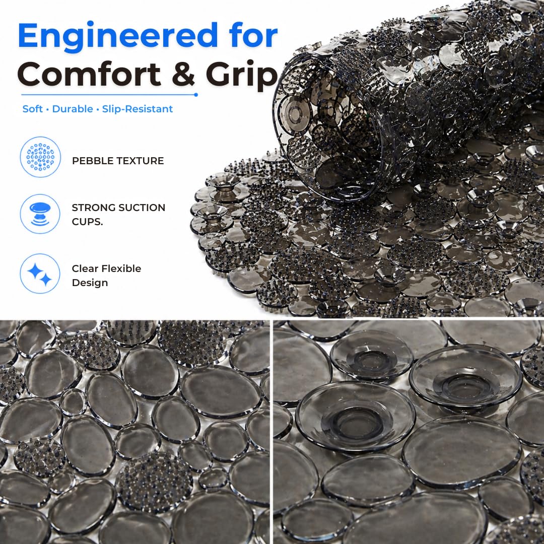 Bath Bliss Non-Slip Pebble Bathtub Mat 18x36 Oval Smoke Color | Suction Cup Shower Mat with Drain Holes | Machine Washable Anti-Slip Tub Mat