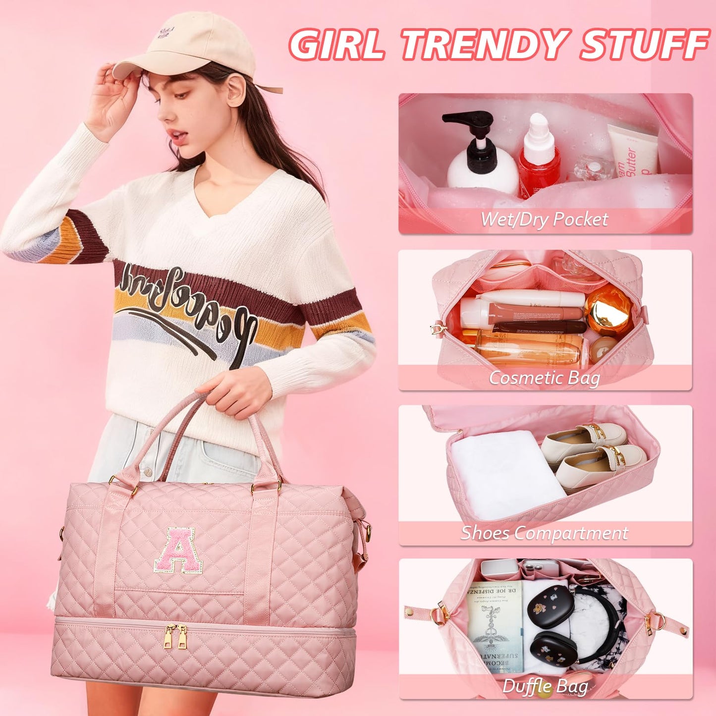 CLOUDWINGS Graduation Gift for Her Women Gift-Birthday Gifts Initial Travel Duffle Bag Quilted Weekender Carry-On Overnight with Cosmetic Bag, Gym Bag with Shoe Compartment Personalized Bag, Pink A