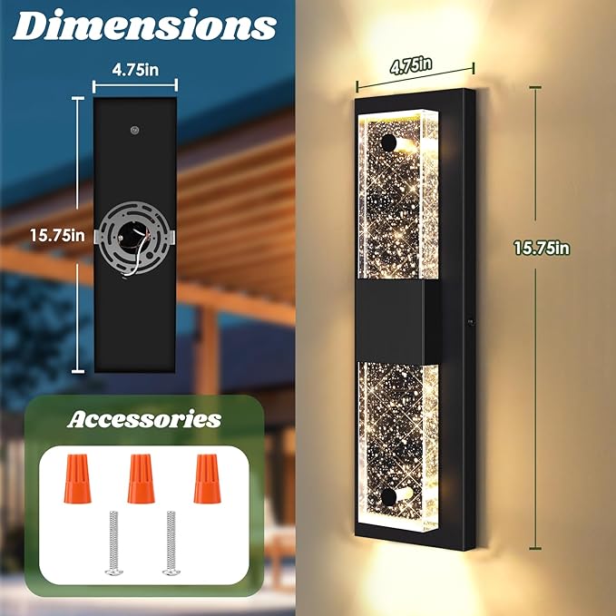 Large Size Outdoor Wall Light Fixtures with Crystal Bubble Glass, Waterproof Exterior Sconces LED Wall Lanterns, Porch Lights Wall Mounted 10W 3000K Outside Lights for House Front Door Garage Entryway