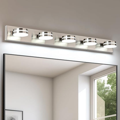 Brushed Nickel Bathroom Light Fixtures Over Mirror, 5-Light Bathroom Vanity Light, LED Dimmable Bath Lights, Modern Wall Mounted Lighting Fixture with Rotating Lamp Head