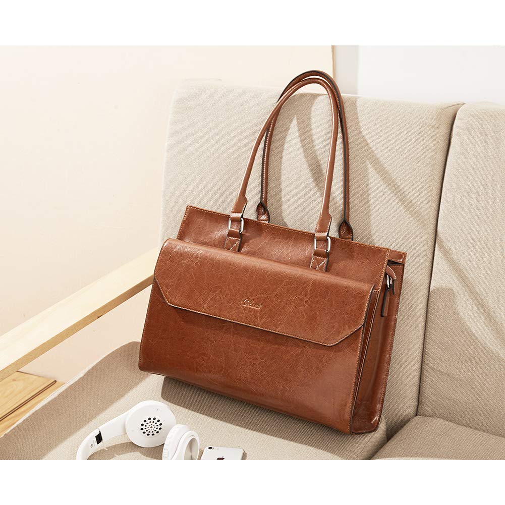 CLUCI Briefcase for Women Oil Wax Leather Vintage 15.6 Inch Laptop Business Shoulder Bag