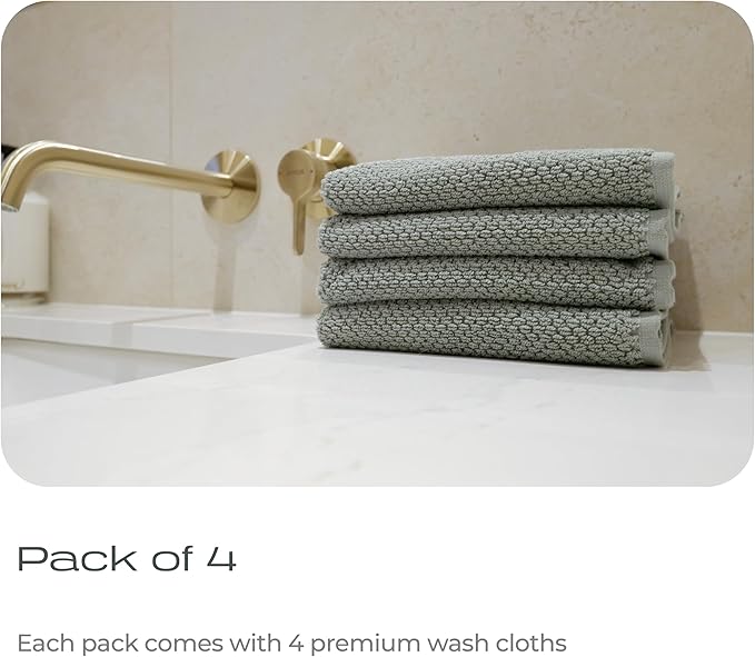 Luxury Silver-Infused Sage Green Washcloth Set of 4, 12.9"x12.9"