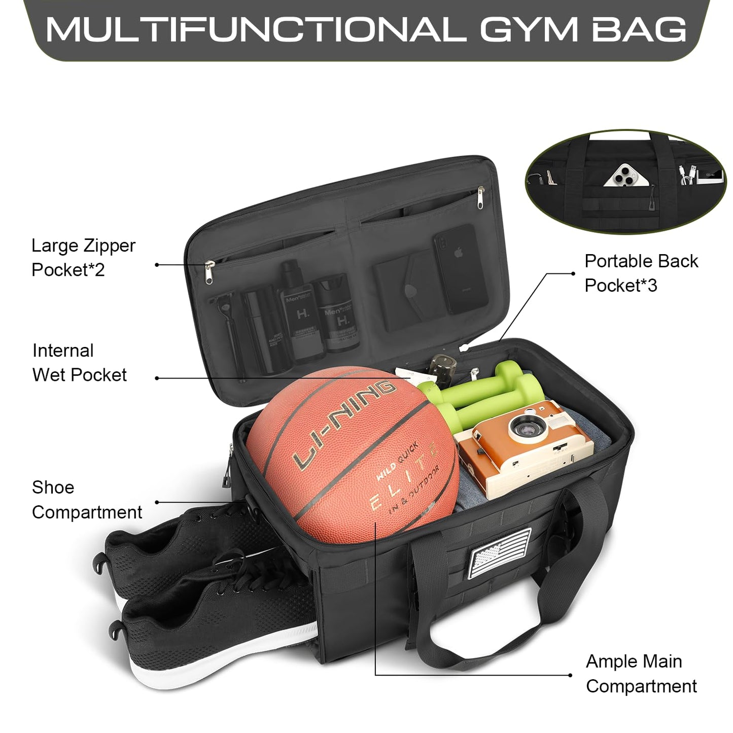 ETRONIK Gym Bags for Men Women, Carry On Luggage 22x14x9 Airline Approved, Tactical Duffle Bag with Shoe Compartment, 3 in 1 Carry on Travel Backpack with Wet Pocket, Weekender Overnight Bag, Black