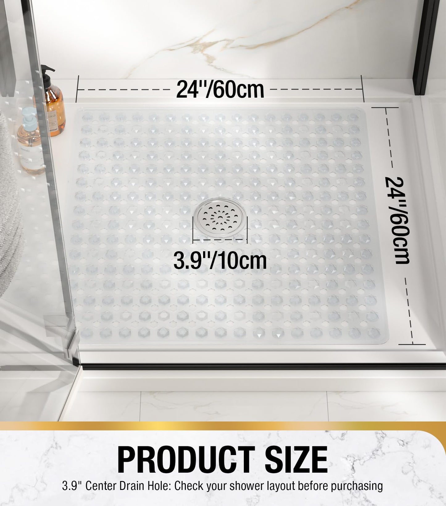 HITSLAM Non Slip Shower Stall Mat with Center Drain Hole, Diamond Textured PVC Bath Mat for Inside Shower, Machine Washable, Strong Suction Cups for Bathroom Bathtub Mat, 24x24 Inch, Clear