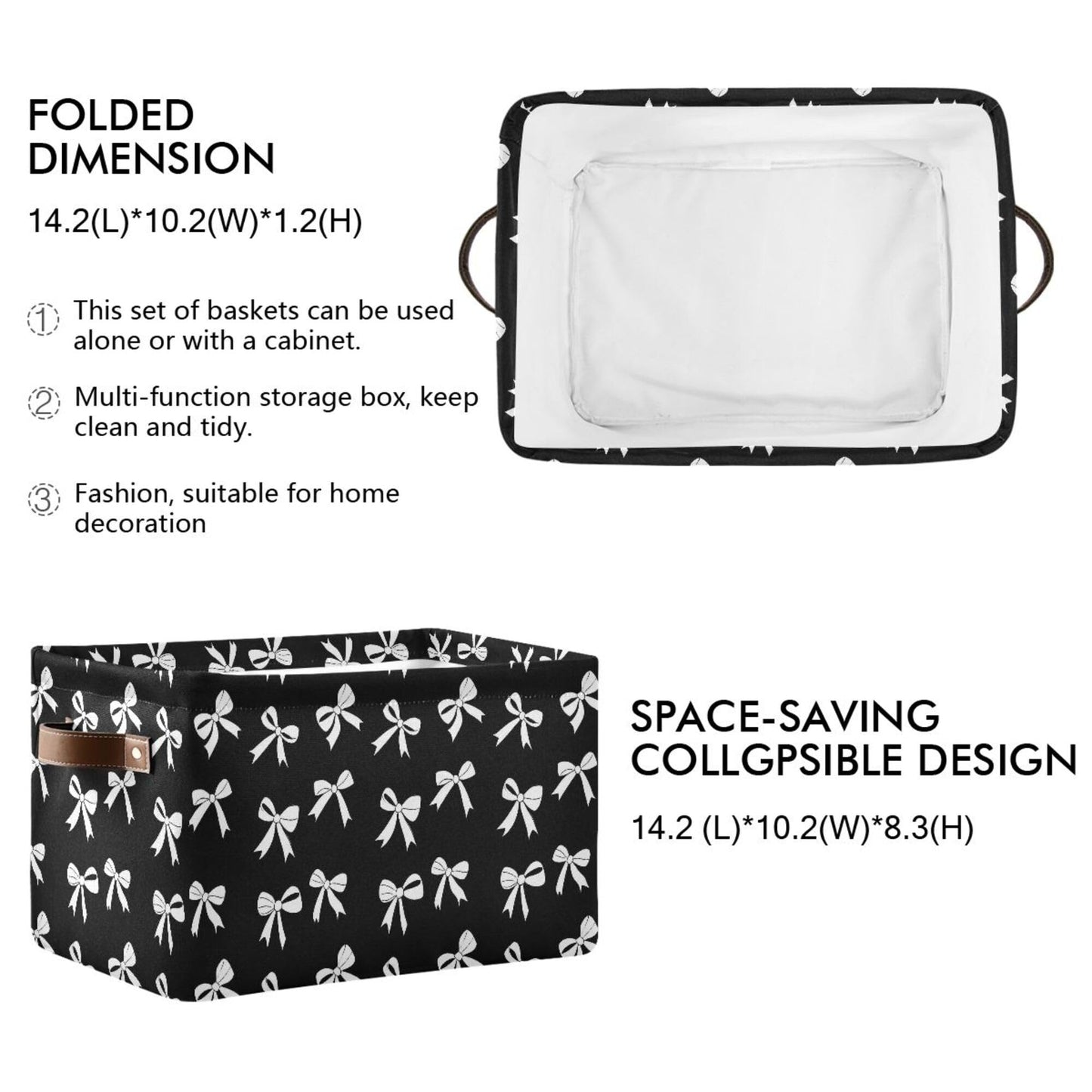 Wamika Black White Bow Storage Basket with Waterproof Liner and PU Handles Coquette Bowknot Storage Bins Boxes 14.2" Collapsible Decorative Organizer Baskets for Bedroom Closet Office 1 Pack