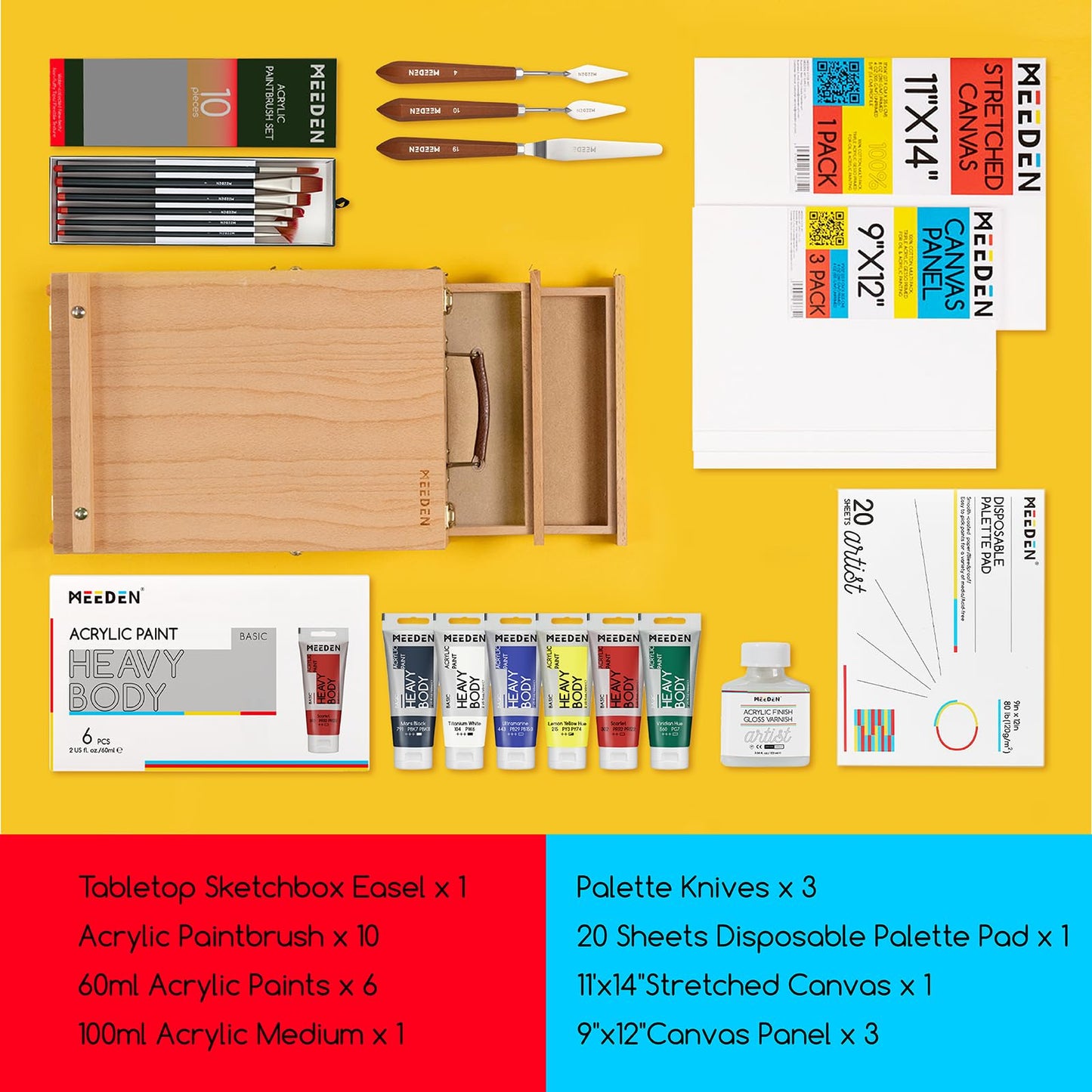MEEDEN Acrylic Painting Set with Easel: 44 Pcs Art Supplies Painting Kit with Tabletop Box Easel for Adults - 6 Acrylic Paints, Paintbrushes, Canvas, Palettes & Accessories