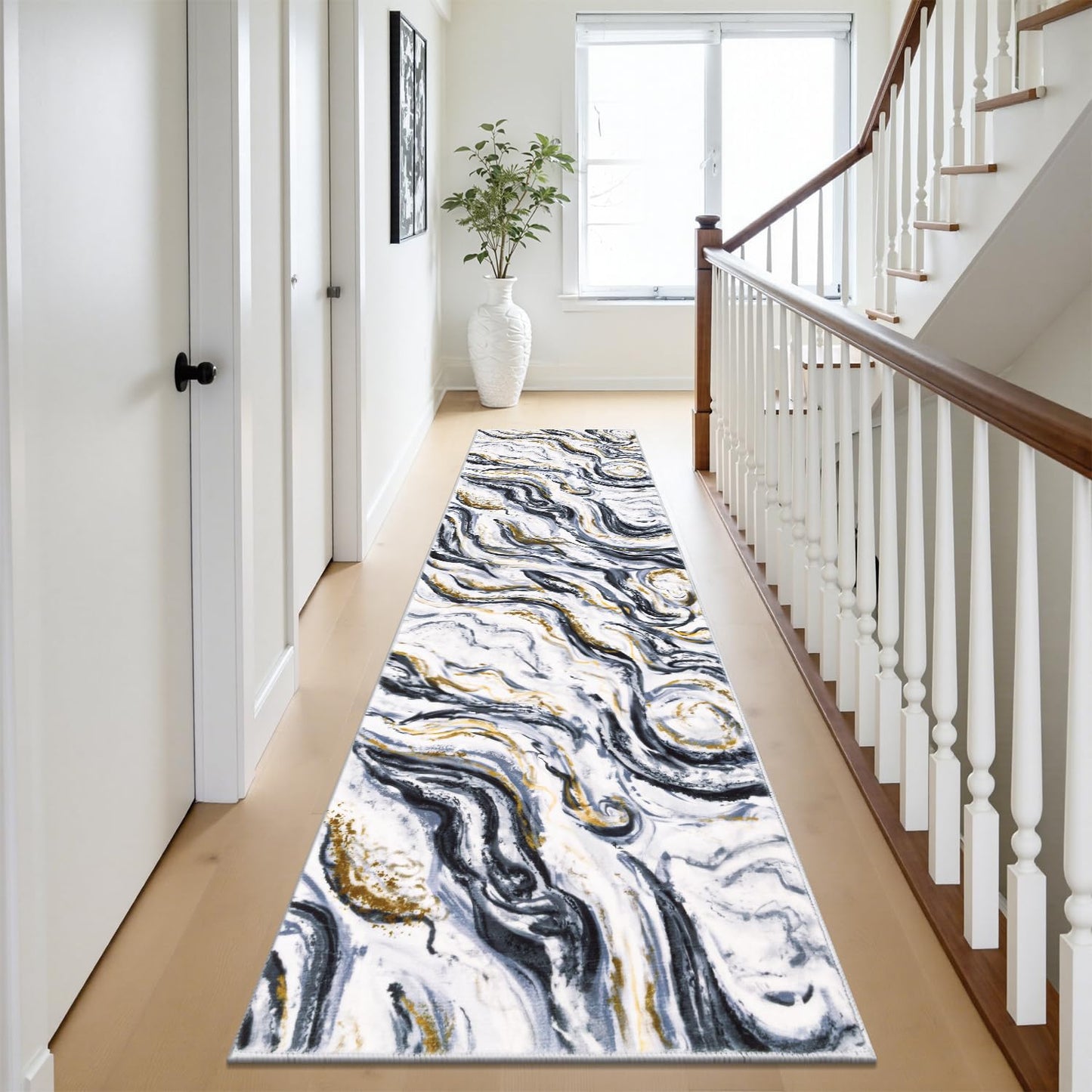 Yamaziot 2x8 Washable Runner Rug for Kitchen Hallways, Modern Abstract Non-Slip Rug with Rubber Backing, Stain Resistant & Low Pile Carpet Runner for Bedroom, Laundry, Entrance,Black
