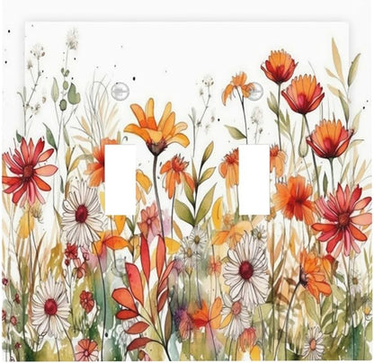 Watercolor Wild Flower Floral 2 Gang Light Switch Plate Cover Double Toggle Wall Plate Decorative Switchplate Electrical Faceplate for Nursery Bedroom Bathroom Decor
