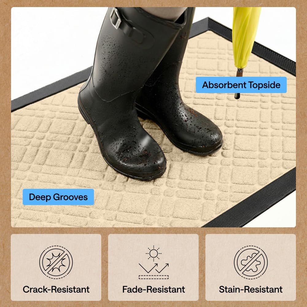 GORILLA GRIP 100% Waterproof All-Season WeatherMAX Doormat US Designed Natural Rubber, Stain and Fade Resistant, Low Profile Indoor Outdoor Door Mats, Easy Clean Patio Mat, 29x17, Modern Latte