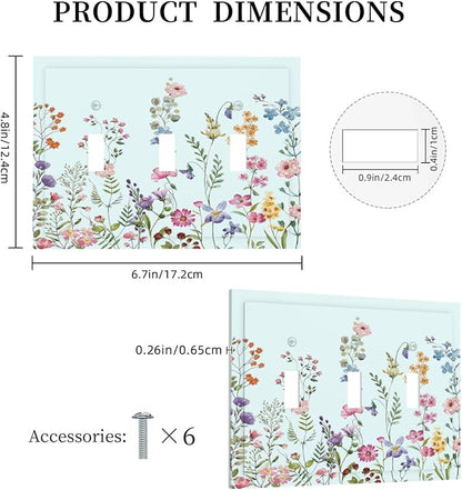 Rustic Wild Floral Vintage Blue Watercolor Flower 3 Gang Light Switch Covers Decorative Unique Triple Toggle Wall Plate Electrical Faceplate Switchplate for Bathroom Bedroom Home Decor