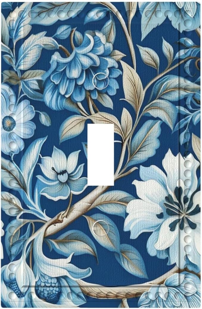 Blue Flowers Branches Leaves Floral Pattern Light Switch Covers 1 Gang Single Toggle Wall Plate Decorative Switchcover Electrical Switchplate for Country Living Decor