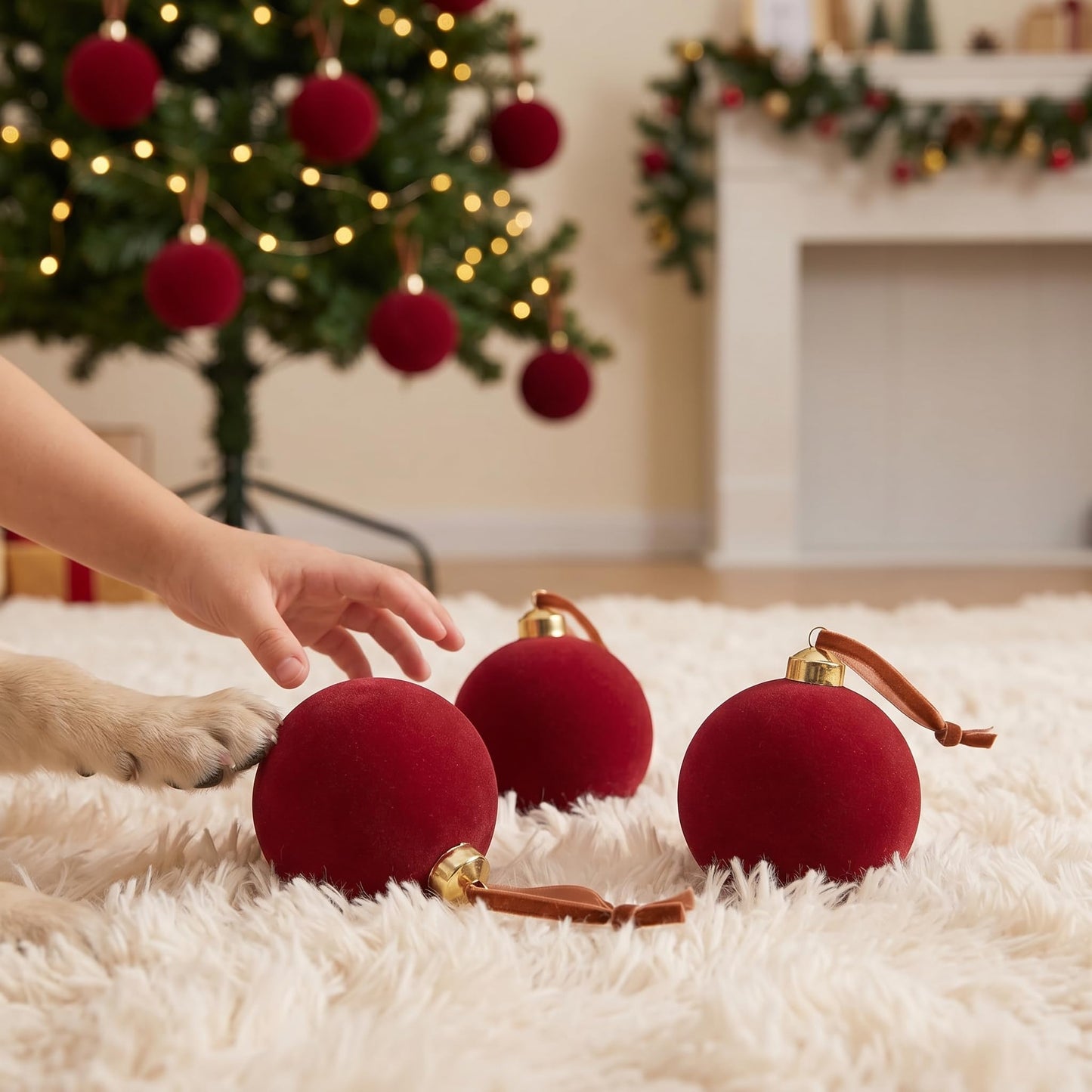 15 Pcs Red Velvet Christmas Decorations Balls, 2.65 Inch Christmas Ornaments for Xmas Tree Decor, Dark Red Flocked Ball for Family Holiday Party Valentines Hanging Decoration