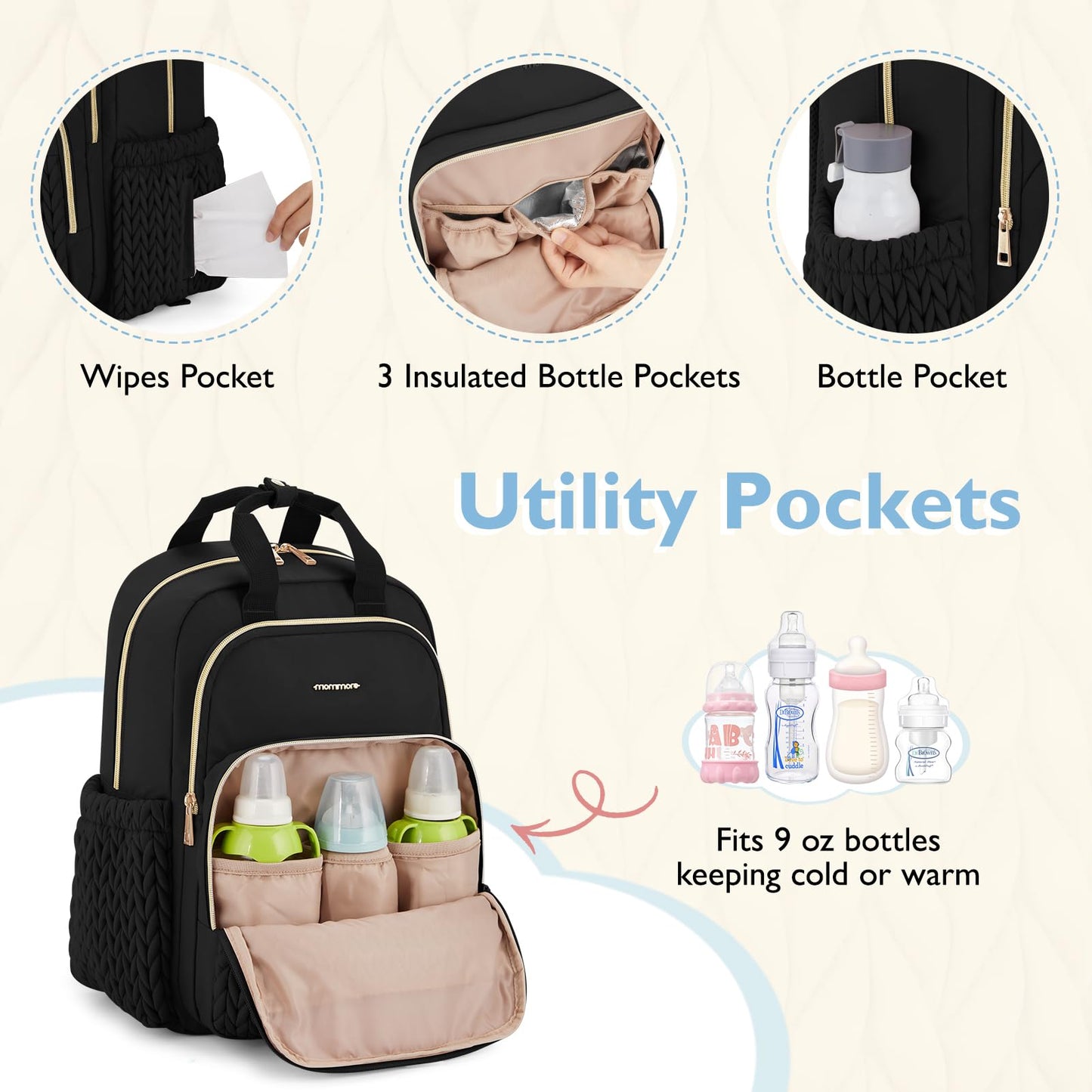 mommore Diaper Bag Backpack, Stylish Travel Baby Bag with Insulated Pockets, Changing Pad and Stroller Straps for Toddler (L-Brown Taupe, Large-27L)