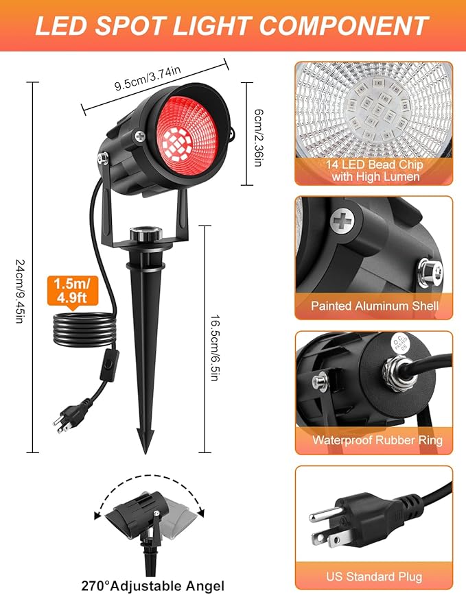 Christmas Red Landscape Lights Outdoor, 14 LED Landscape Lighting with US Plug, IP65 Waterproof Spotlights for Tree Yard Garden Pathway Halloween Decor 4 Pack