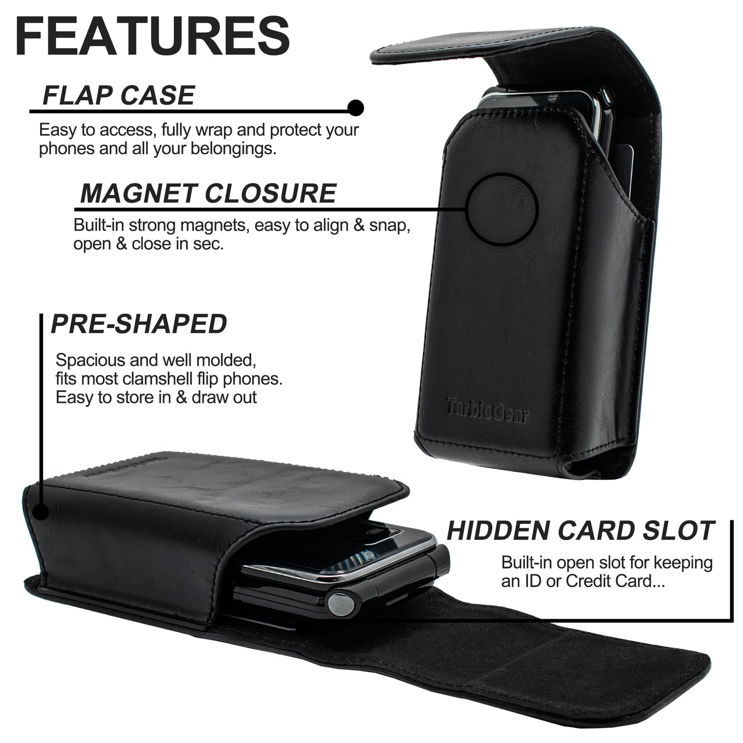TarbicGear Leather Flip Phone Case with Belt Clip, Pouch for Kyocera & TCL & Nokia Flip Phone Holster for Belt, Cat S22 Case, Phones Sheath, Sonim XP3 Plus Magnetic Phones Pouch (Black)