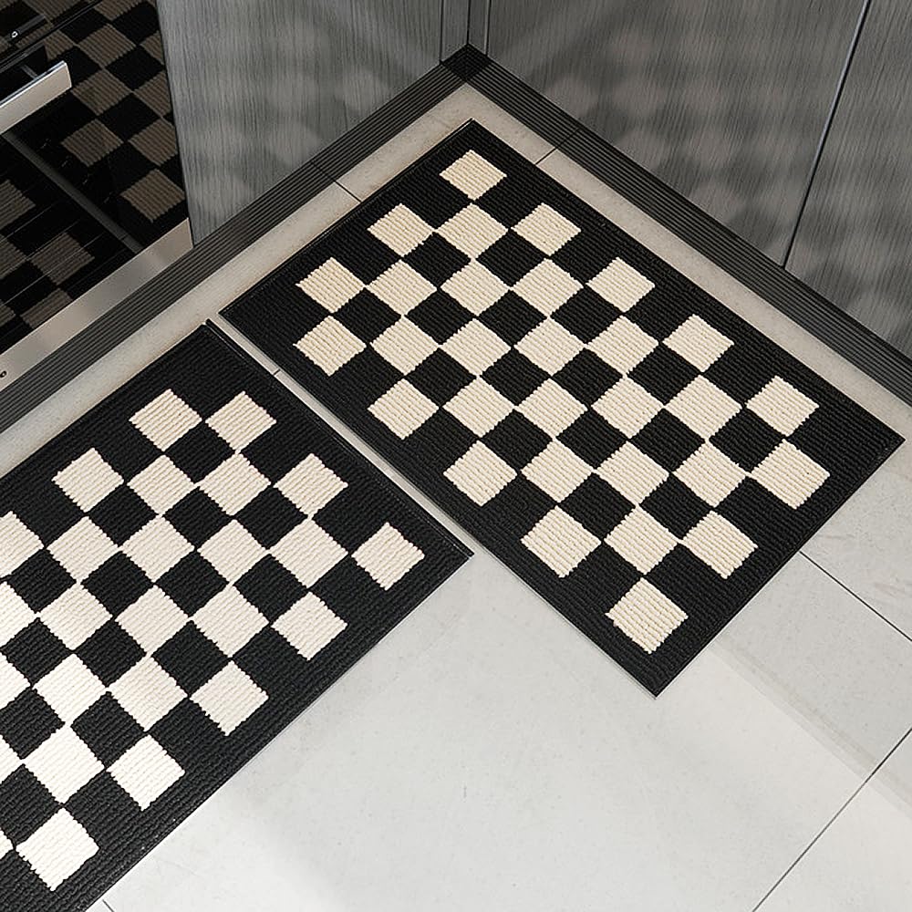 GIB Kitchen Rugs Mats for Floor Set of 2, Non Slip/Skid Kitchen Runner Rugs, Super Absorbent Machine Washable Soft Standing Mats for Kitchen Decor Laundry Sink, Black Cream Checkered