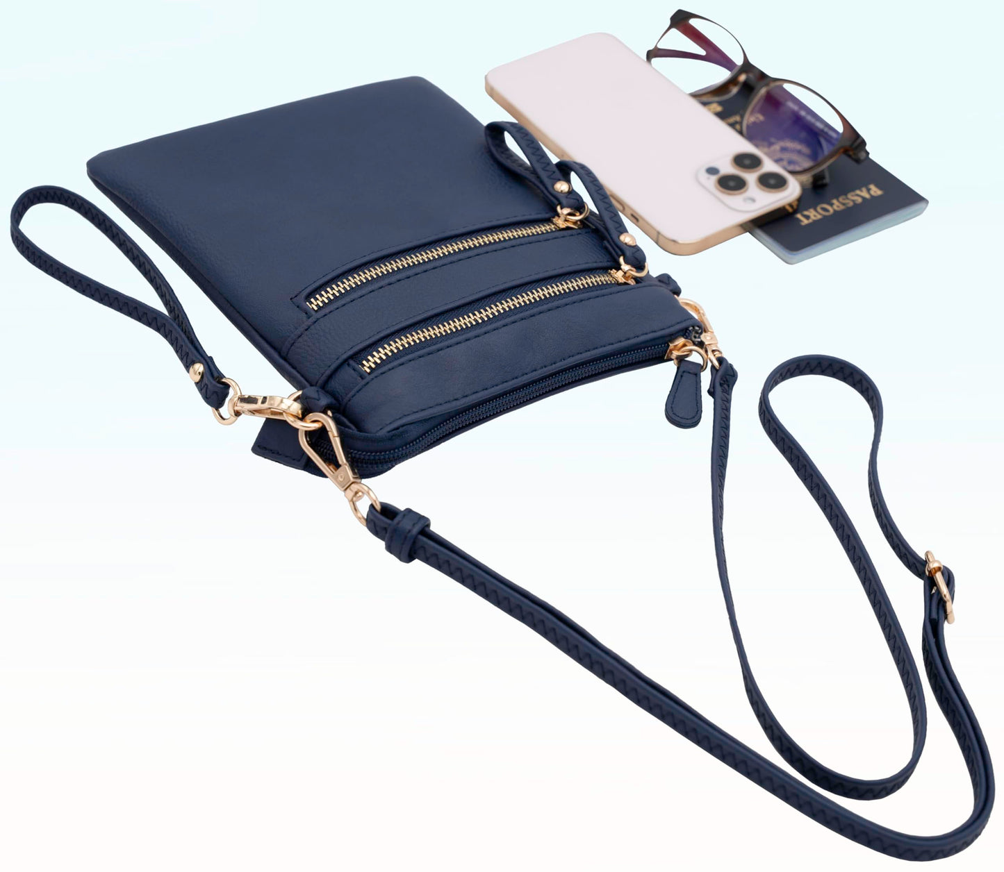 Solene Women's Faux Leather Organizer Multi Zipper Pockets Handbag With Detachable Wristlet Crossbody Bag-WU002(Navy)