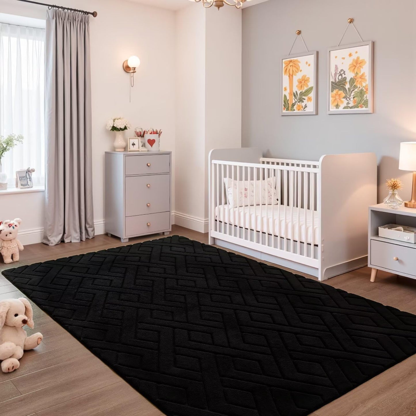 Flagover 4x6 Black Washable Area Rug for Bedroom, Modern Geometric Shag Non-Slip Living Room Rugs, Fluffy Plush Soft Memory Foam Carpet for Kids Boys Room Nursery Room Dorm Bedside Decor