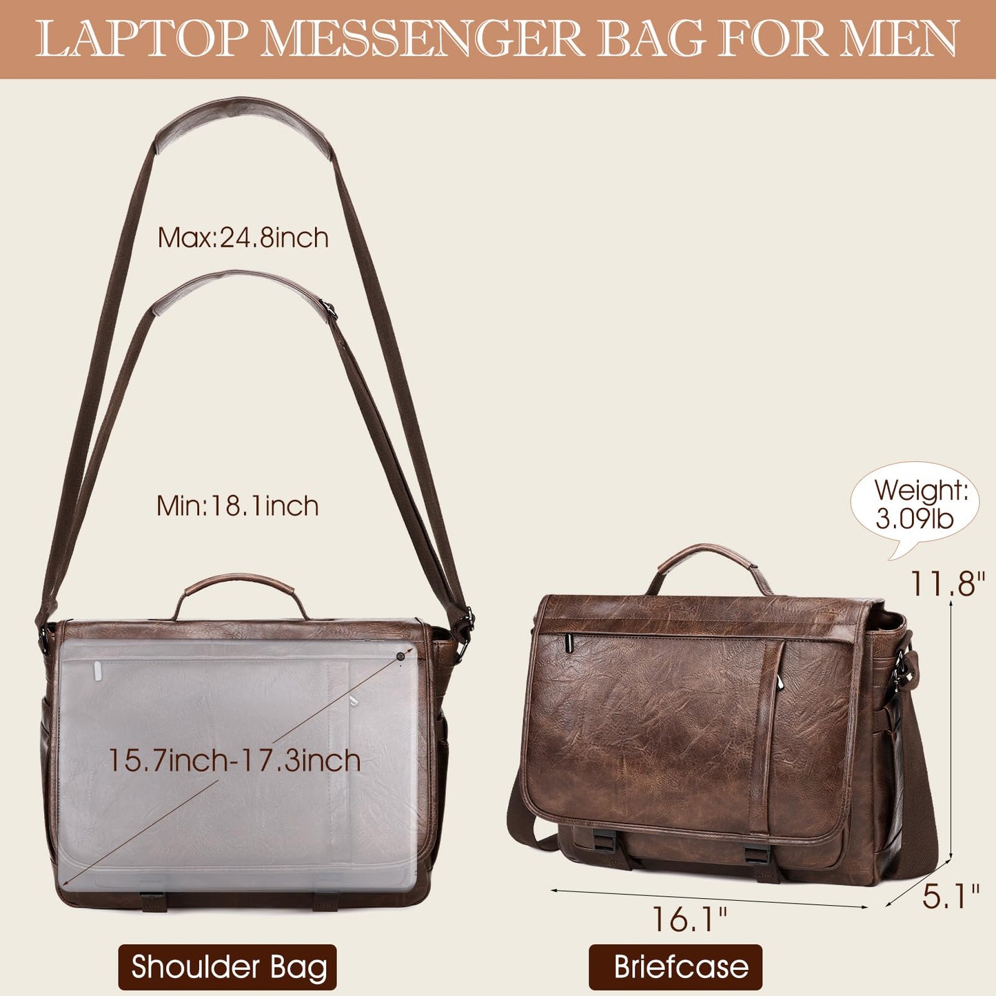 17.3 Inch Messenger Bag for Men: Laptop Bag PU Leather Work Briefcase Large Carry On Computer for Office College Travel,PU Coffee