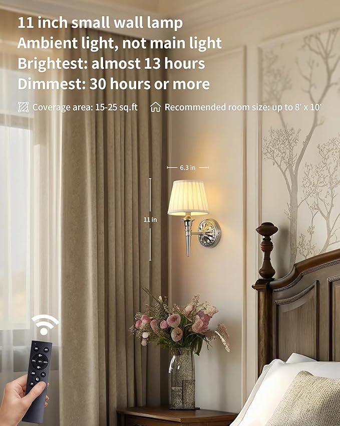 KDG Cordless Wall Sconces Set of 2, Small Wireless 5200mAh Rechargeable Battery Fabric LED Wall Lamps, Portables Lightings for Wall Painting, Living Room, Bedroom, Hallway, Gifts, Night Light (Nickel)