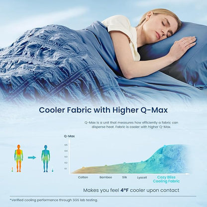 Cozy Bliss Cooling Comforter Seersucker Plaid Twin, Q-Max 0.4 Reversible Lightweight Cooling Blanket, Breathable Silk Smooth Summer Bedding Quilt for Hot Sleepers Night Sweats Denim Blue