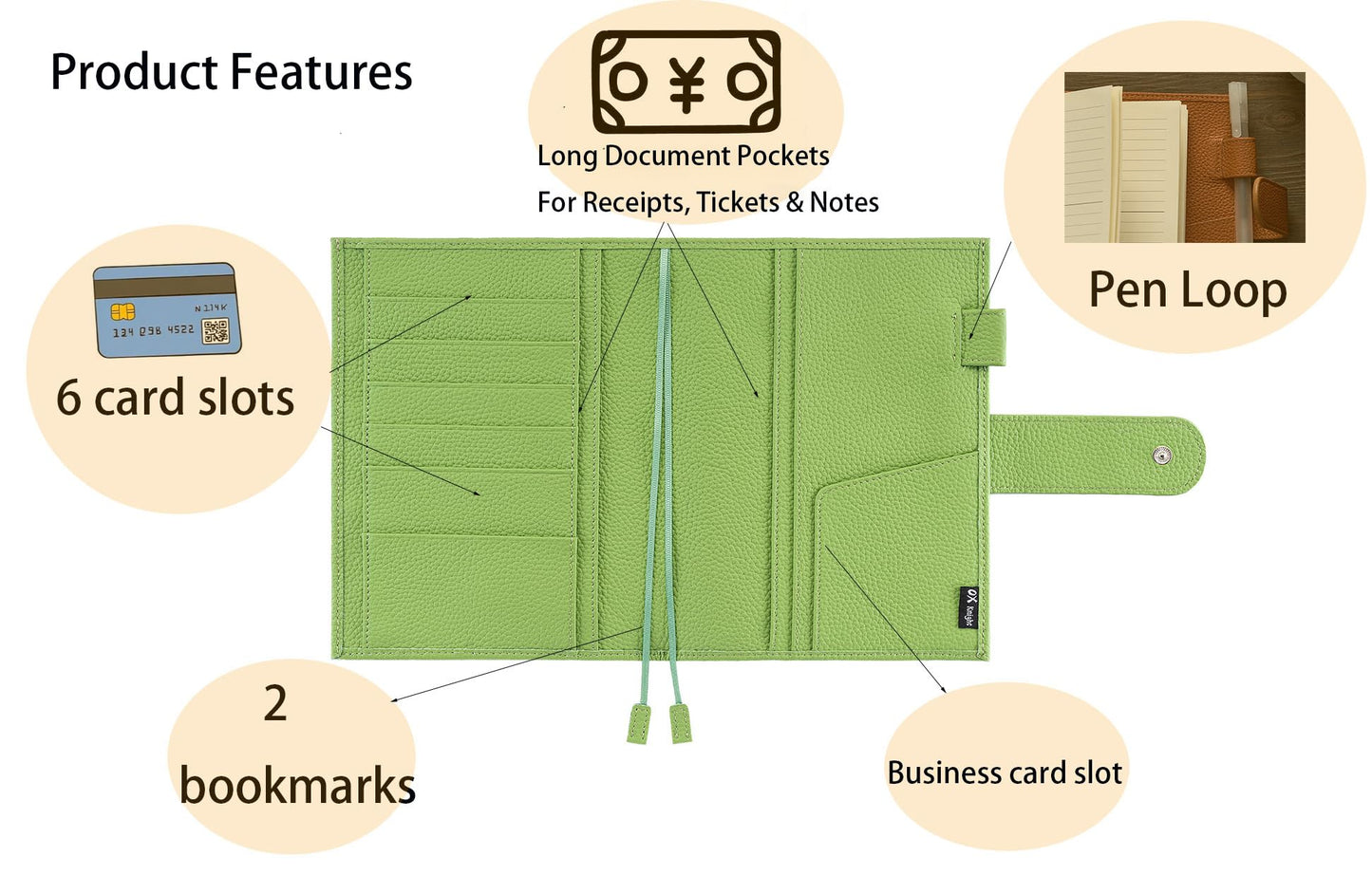 Genuine Leather A5 Notebook Cover Fits Hobonichi Cousin, Stalogy, LEUCHTTURM1917 and Midori MD Planners, with Pen Loop, Card Slots, Bookmarks and Back Pocket(Green)