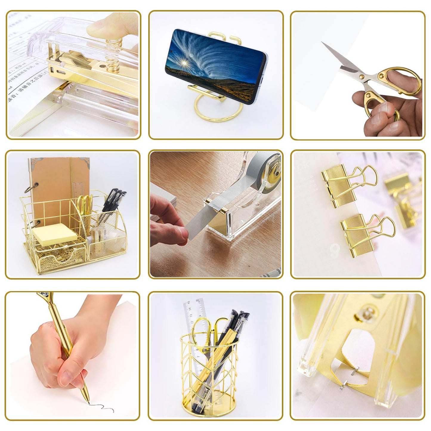 YOLOZAI Office Desk Organizers, Gold 13PCS Office Supplies and Accessories Desk organizer, Acrylic Stapler, Staple Remover, Clips, Scissor, Phone Holder, Pen, Pen Holder