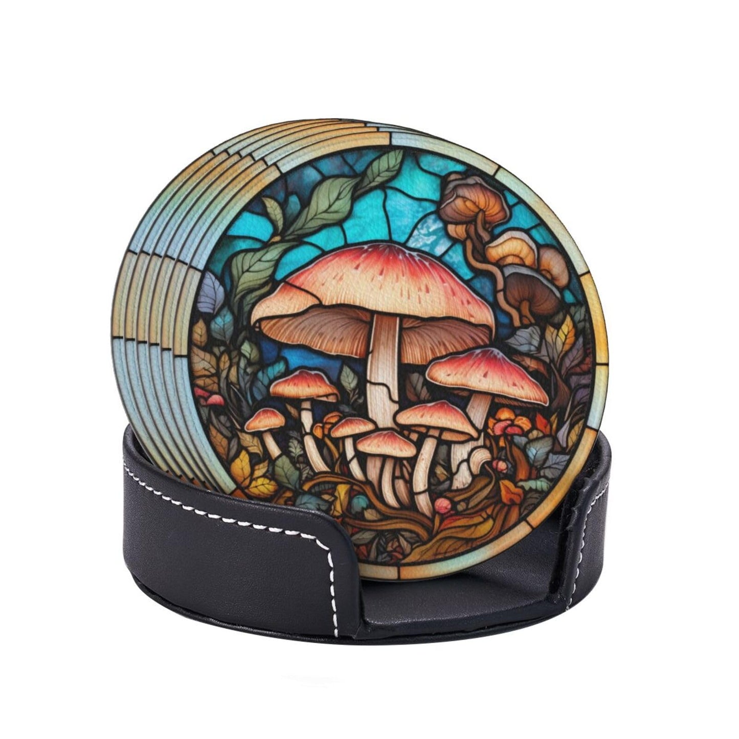 Mushroom Coasters for Drinks,Mushroom Decor Bar Drink Coasters for Coffee Table,Leather Cup Coasters Set of 6 with Holder for Wooden Table,Housewarming Bar Coasters Gifts