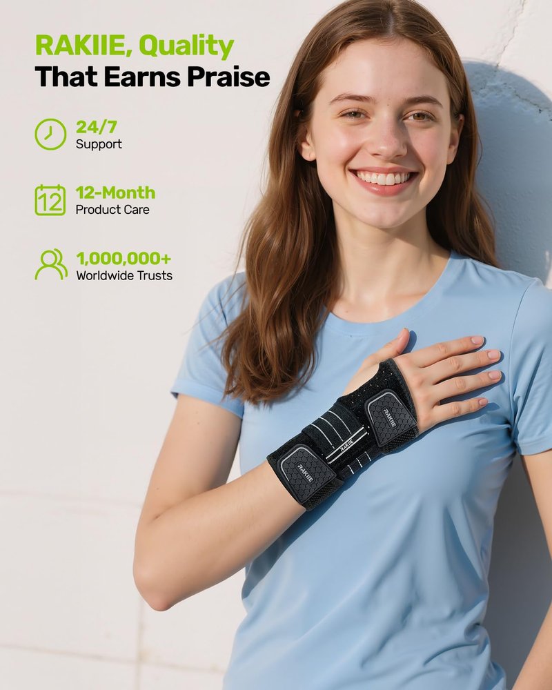 Rakiie Carpal Tunnel Wrist Brace Left Hand, Adjustable Night Wrist Support with 3 Metal Splints, Hand Brace for Men Women No Pressure on Thumb, Splint Stabilizer for Work, Arthritis, Gray Large