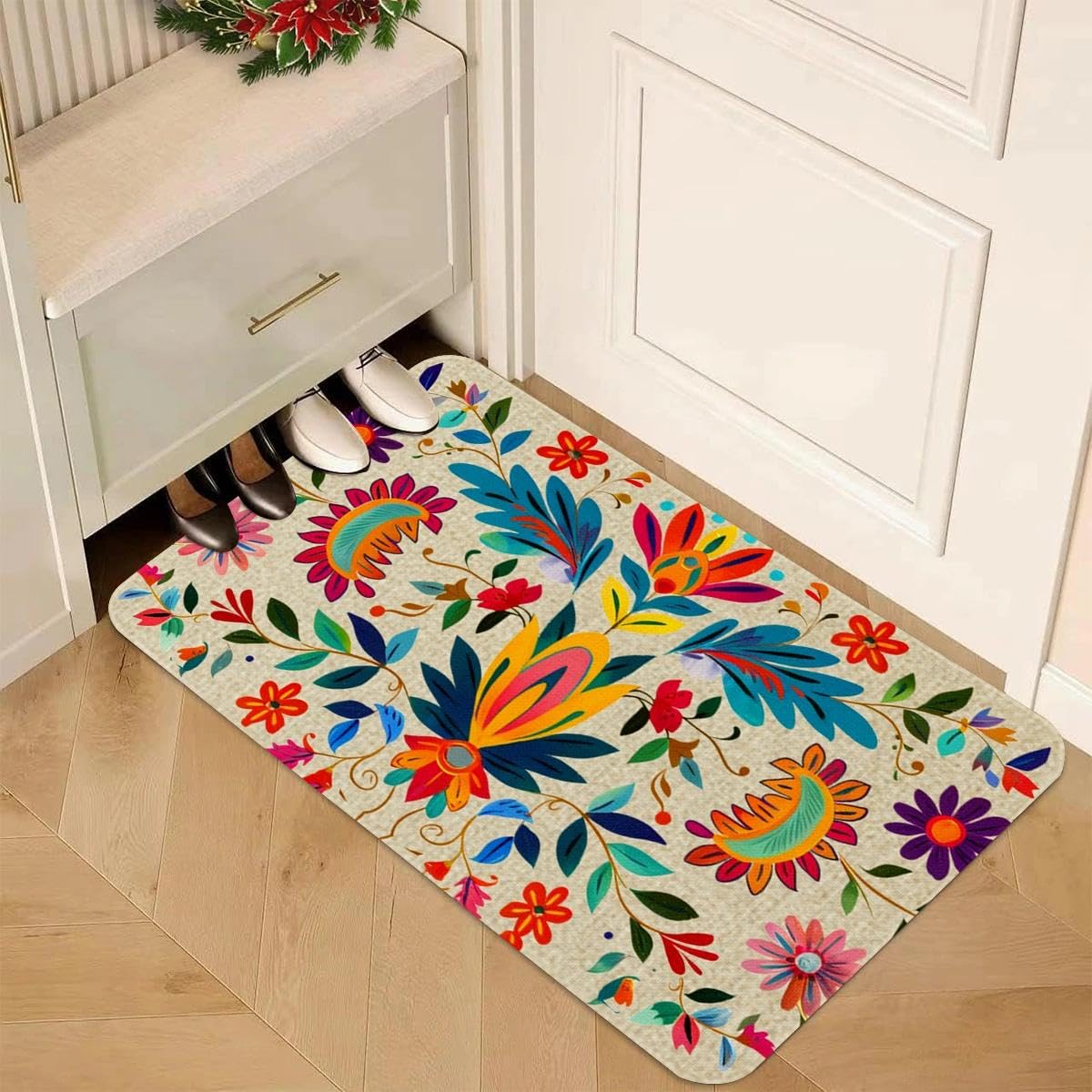 YWZDS Mexican Floral Kitchen Rugs Set of 2, Colorful Kitchen Mats with Rubber Backing Non Slip Washable, Cinco De Mayo Gift, 17" x 29 + 17" x 47" (White)