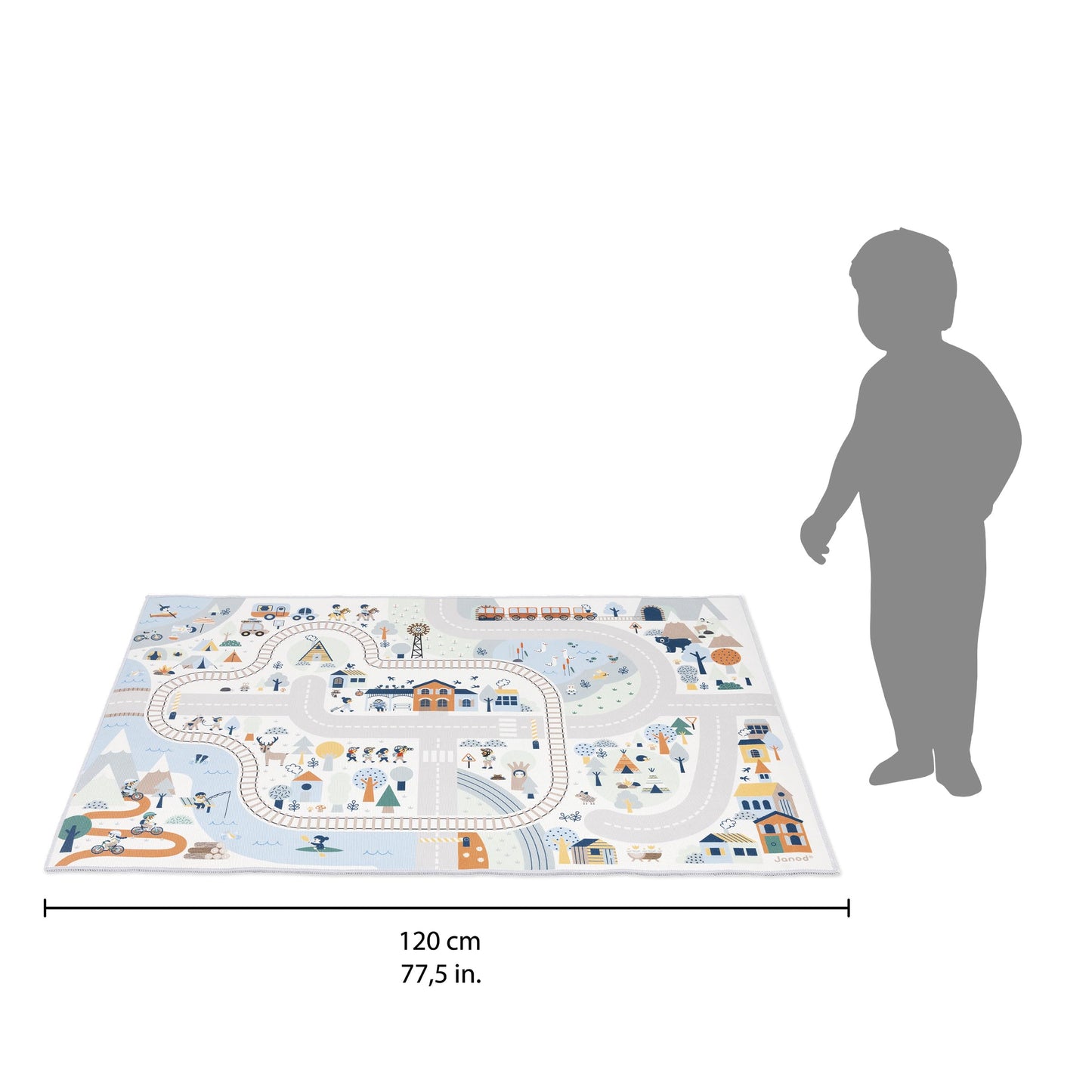 Janod - Children's Car Rug - Winter Mountain Theme - Soft & Non-Slip - Sports & Valley Pattern - Play Rug for Girls & Boys' Bedrooms - 120 x 78cm - Hand Washable - from 2 Years Old - J05940