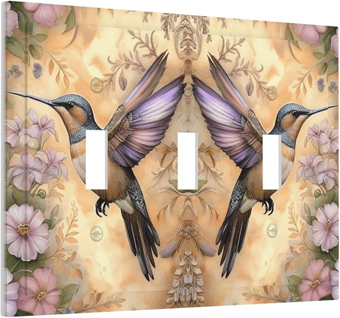 Decorative Art Light Switch Covers Blossom & Hummingbird 3 Gang Triple Toggle Wall Plate Decorative Switch plate Electrical Faceplate for Home Decor