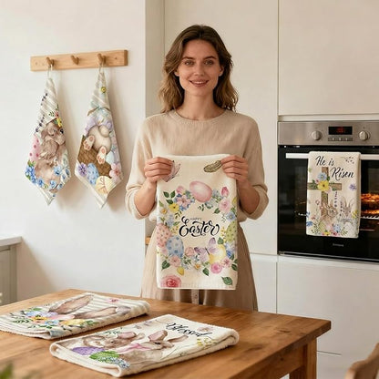 Breling Set of 6 Easter Decorations Happy Easter Kitchen Towels Rabbit Dish