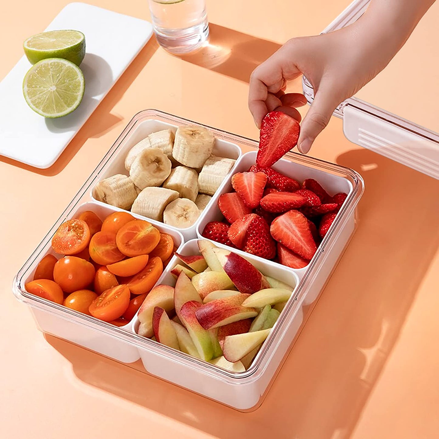 MANO Serving Tray for Party Divided Veggie Tray with Lid Sealed Sectioned Fruit Snack Serving box Vegetable Storage with 4 Compartments Snackle Box Charcuterie Container Fridge Organizer