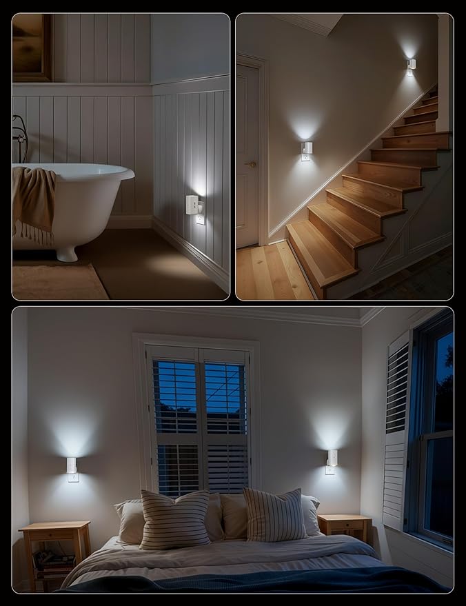 Brightown 2 Pack White Night Lights Plug into Wall, Modern Night Light with Rotating Plug, Dusk to Dawn Sensor, 0-100LM Stepless Dimming Aora Night Light for Hallway Bedroom Bathroom, Pure White