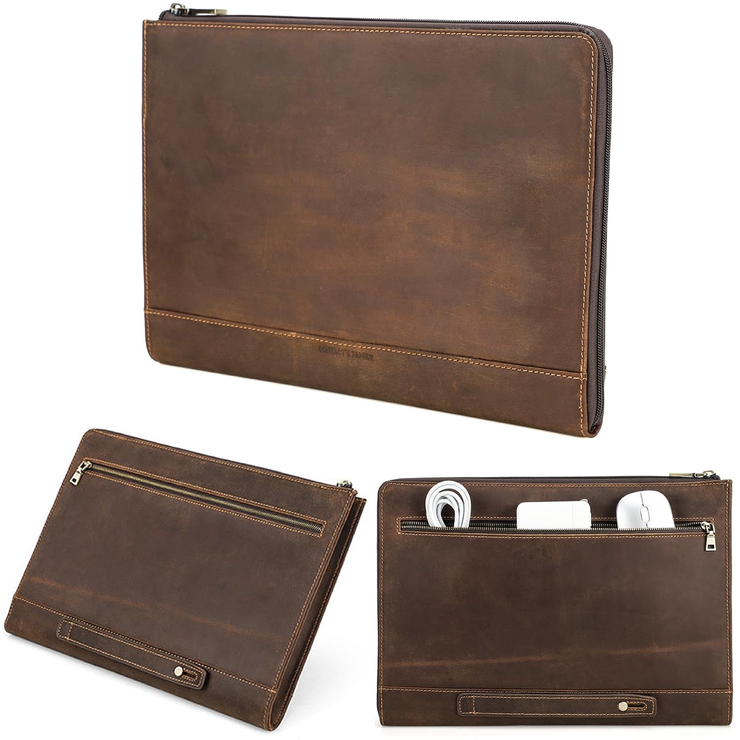 CataPurus Top Grain Leather 14.2" Slim Laptop 90° Zipper Bag, Vintage Design, Handmade, Compatible with MacBook Pro/Air 14"/13.3"/13.6" 2021 2022 M1 Pro/M1 Max A2442 & Other Laptop, Coffee 14.2 Inch