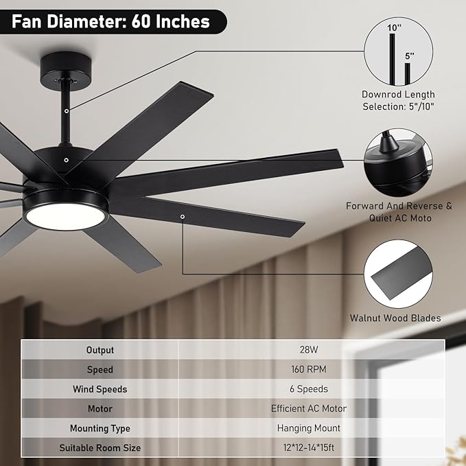 Ceiling Fan with Light, 60 inch Modern Ceiling Fan with Remote Control, Reversible DC Motor, Stepless Dimmable, Noiseless for Indoor Use, Black & Brown