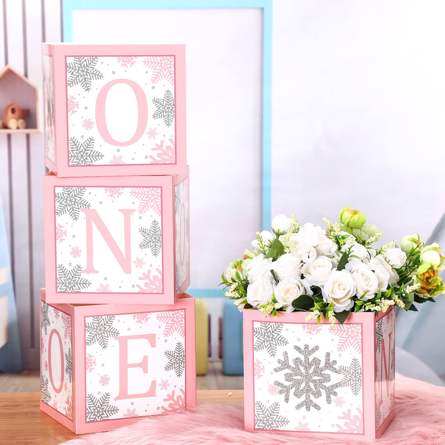 6 Pcs Winter Onederland Snowflake 1st Birthday Decorations Girl Boy Baby Shower Centerpiece One Flower Boxes for 1st First Birthday Decorations Baby Block Centerpieces for Tables