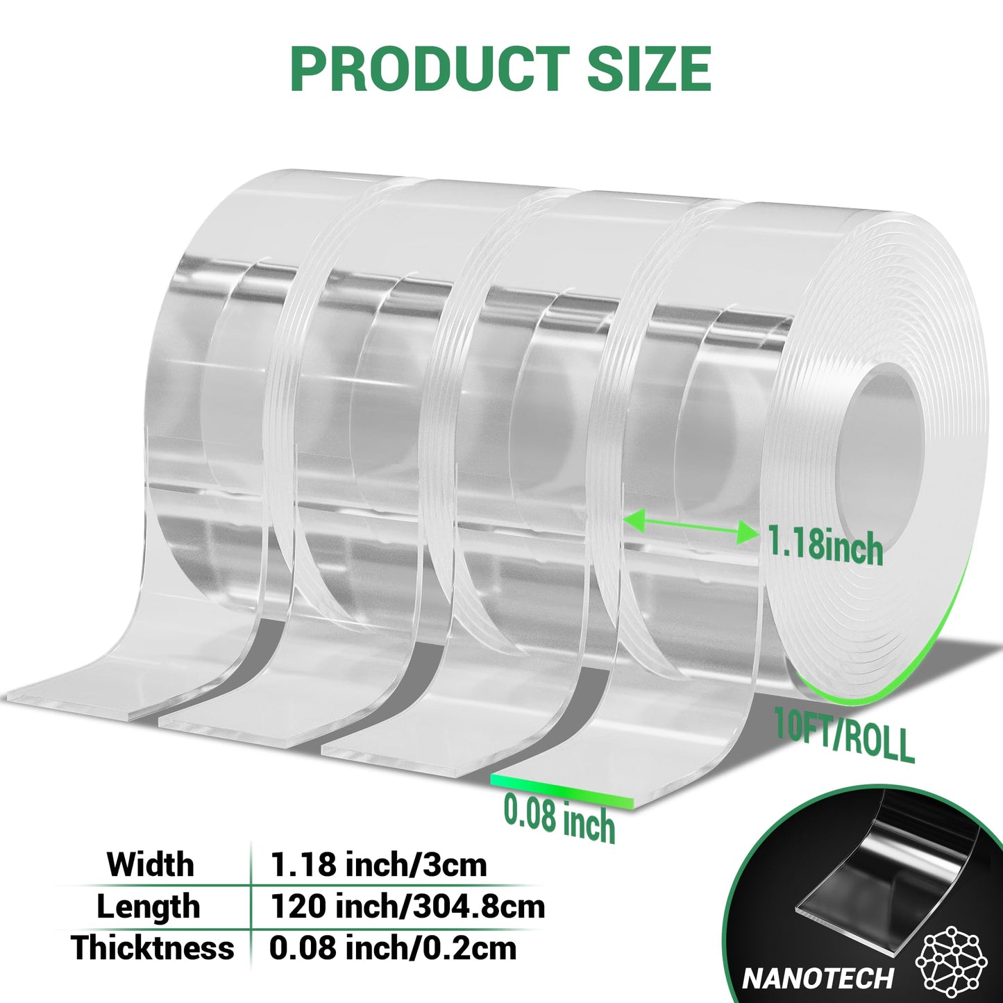 dosun Double Sided Tape Heavy Duty(4 Rolls, Total 40 FT), Sided Nano Tape, Strong Double Sided Tape for Walls, Used for Carpet, Poster, Picture Hanging, Outdoor Multifunctional Mounting Tape