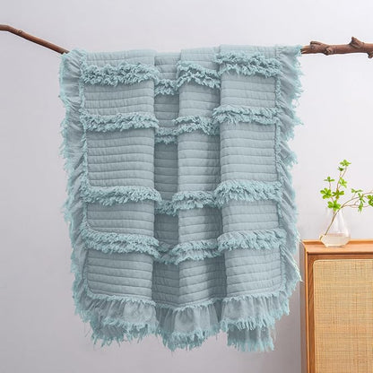 Ultra Soft Pre-Washed Quilted Boho Blue Green Twin Size Blankets for Bed, Ruffle Fringed Decorative Throw, Stone Washed Chic Rustic Blanket for Sofa Couch Bed, 60"*80"