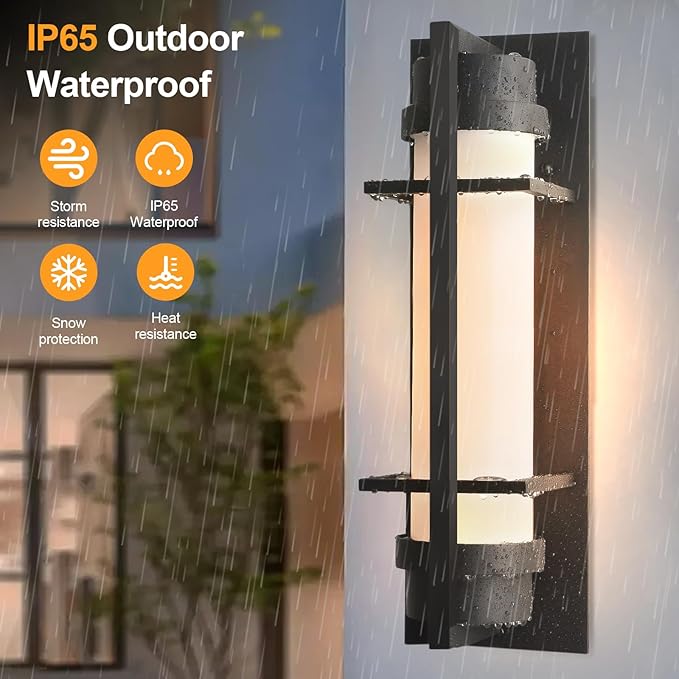 ALVIME 20 inch Large Outdoor Wall Sconce, Exterior Lighting Fixtures, Waterproof Modern Outdoor Wall Light, Black Outside Sconce Lights for House, Entryway, Patio, Garage, E26 Base&Etched Opal Glass