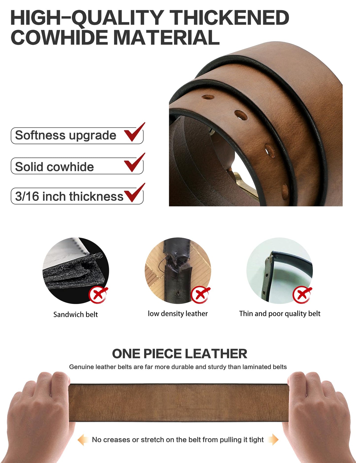 wolksprong Thicken Full Grain Leather Mens Belt Heavy Duty Work Belt High Hardness Buckle Packed In Gift Box